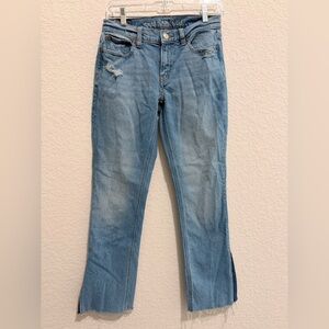 American Eagle Outfitters Light Blue Stretch Bootcut Jeans | Distressed Raw Hem